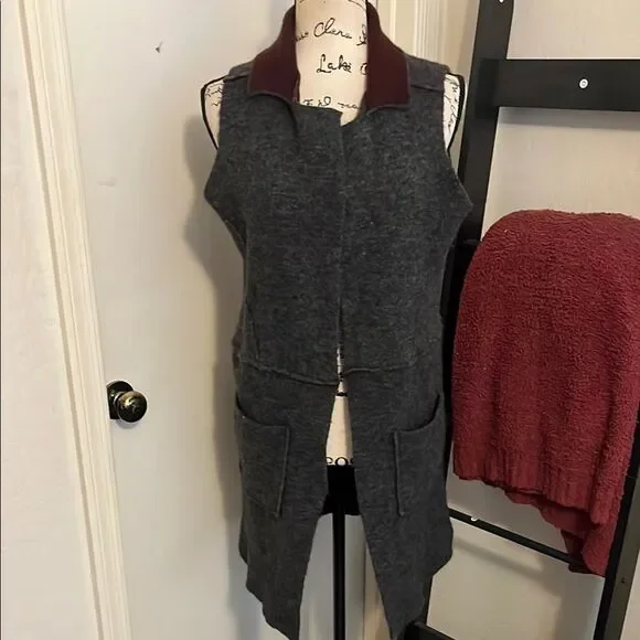 Anthropologie Moth Morris Gray Pockets Open Style Duster Vest Minimalist Boho - Picture 5 of 15